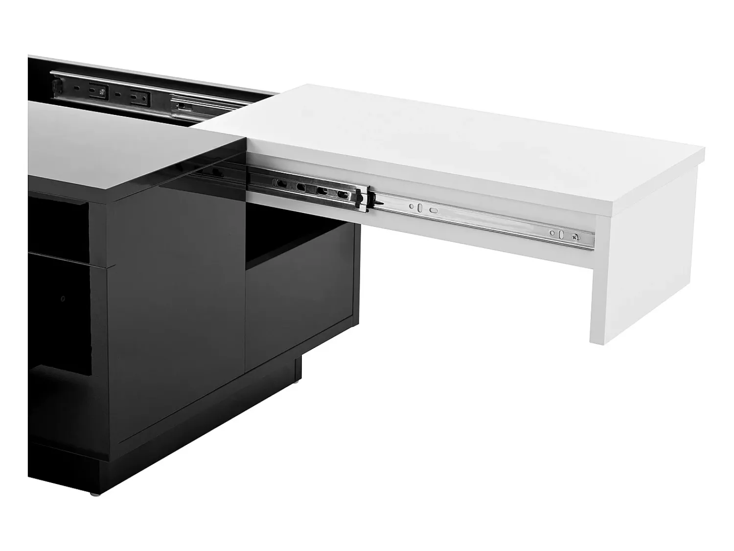 Mesa de centro laqueada com iluminação LED, tampo extensível em e branco, e espaço de armazenamento oculto.^ Mesa De Centro