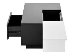 Mesa de centro laqueada com iluminação LED, tampo extensível em e branco, e espaço de armazenamento oculto.^ Mesa De Centro