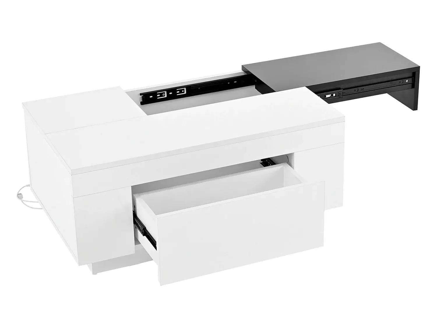 Mesa de centro laqueada com iluminação LED, tampo extensível em preto e , e espaço de armazenamento oculto.^ Mesa De Centro