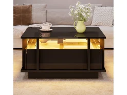 Outlet Merax Mesa de centro laqueada de alto brilho - 70 x 70 x 35 cm - com 2 gavetas + LEDs + divisória em acrílico transparente - aglomerado - preta Preto
