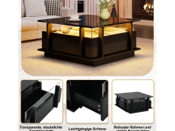 Outlet Merax Mesa de centro laqueada de alto brilho - 70 x 70 x 35 cm - com 2 gavetas + LEDs + divisória em acrílico transparente - aglomerado - preta Preto