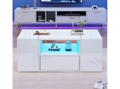 Mesa De Centro|Merax Mesa de centro laqueada de alto brilho - 100 x 50 x 40 cm - com 1 gaveta + LEDs + 6 compartimentos de armazenamento - aglomerado - branca Branco