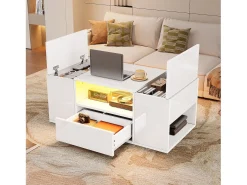 Mesa De Centro|Merax Mesa de centro laqueada de alto brilho - 100 x 50 x 40 cm - com 1 gaveta + LEDs + 6 compartimentos de armazenamento - aglomerado - branca Branco