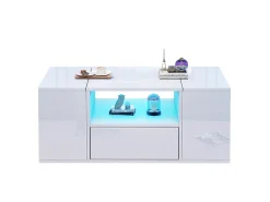 Mesa De Centro|Merax Mesa de centro laqueada de alto brilho - 100 x 50 x 40 cm - com 1 gaveta + LEDs + 6 compartimentos de armazenamento - aglomerado - branca Branco