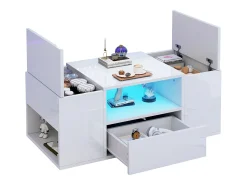 Mesa De Centro|Merax Mesa de centro laqueada de alto brilho - 100 x 50 x 40 cm - com 1 gaveta + LEDs + 6 compartimentos de armazenamento - aglomerado - branca Branco