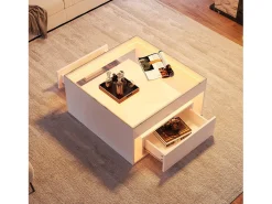 Sale Merax Mesa de centro laqueada de alto brilho - 70 x 70 x 35 cm - com 2 gavetas + LEDs - tampo de vidro temperado - MDF - branca Branco