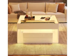 Sale Merax Mesa de centro laqueada de alto brilho - 70 x 70 x 35 cm - com 2 gavetas + LEDs - tampo de vidro temperado - MDF - branca Branco