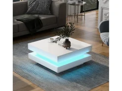Merax Mesa de centro laqueada de alto brilho com tampo giratório 360° - com LEDs - 70 x 70 x 36 cm - aglomerado - branca^ Mesa De Centro