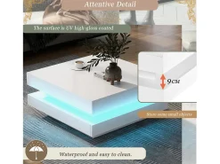 Merax Mesa de centro laqueada de alto brilho com tampo giratório 360° - com LEDs - 70 x 70 x 36 cm - aglomerado - branca^ Mesa De Centro