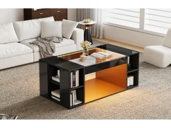 Mesa De Centro*Merax Mesa de centro laqueada de alto brilho para sala de estar - 100 x 50 x 40 cm - com tampo de vidro temperado + LEDs + prateleira - preta - MDF Preto
