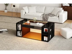 Mesa De Centro*Merax Mesa de centro laqueada de alto brilho para sala de estar - 100 x 50 x 40 cm - com tampo de vidro temperado + LEDs + prateleira - preta - MDF Preto