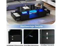 Best Merax Mesa de centro laqueada de alto brilho - 100 x 50 x 36 cm - com 2 gavetas + LEDs + espaço de armazenamento aberto + divisória de vidro - aglomerado - preta Preto