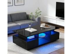 Best Merax Mesa de centro laqueada de alto brilho - 100 x 50 x 36 cm - com 2 gavetas + LEDs + espaço de armazenamento aberto + divisória de vidro - aglomerado - preta Preto