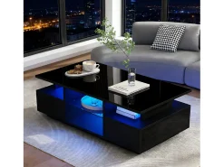 Best Merax Mesa de centro laqueada de alto brilho - 100 x 50 x 36 cm - com 2 gavetas + LEDs + espaço de armazenamento aberto + divisória de vidro - aglomerado - preta Preto