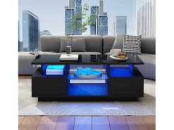 Best Merax Mesa de centro laqueada de alto brilho - 100 x 50 x 36 cm - com 2 gavetas + LEDs + espaço de armazenamento aberto + divisória de vidro - aglomerado - preta Preto