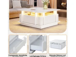 Mesa De Centro*Merax Mesa de centro laqueada de alto brilho - 70 x 70 x 35 cm - com 2 gavetas + LEDs + divisória em acrílico transparente - aglomerado - branca Branco