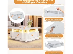 Mesa De Centro*Merax Mesa de centro laqueada de alto brilho - 70 x 70 x 35 cm - com 2 gavetas + LEDs + divisória em acrílico transparente - aglomerado - branca Branco