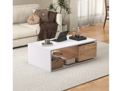 Sale Merax Mesa de centro laqueada de alto brilho - 90 x 50 x 30 cm - com 1 gaveta giratória 360° + espaço de armazenamento aberto - MDF - branco e natural Natural claro