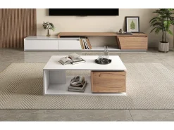 Sale Merax Mesa de centro laqueada de alto brilho - 90 x 50 x 30 cm - com 1 gaveta giratória 360° + espaço de armazenamento aberto - MDF - branco e natural Natural claro