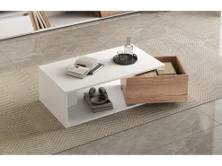Sale Merax Mesa de centro laqueada de alto brilho - 90 x 50 x 30 cm - com 1 gaveta giratória 360° + espaço de armazenamento aberto - MDF - branco e natural Natural claro