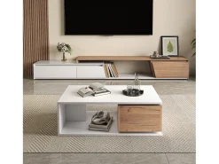 Sale Merax Mesa de centro laqueada de alto brilho - 90 x 50 x 30 cm - com 1 gaveta giratória 360° + espaço de armazenamento aberto - MDF - branco e natural Natural claro