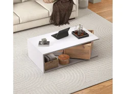Sale Merax Mesa de centro laqueada de alto brilho - 90 x 50 x 30 cm - com 1 gaveta giratória 360° + espaço de armazenamento aberto - MDF - branco e natural Natural claro