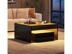 Merax Mesa de centro laqueada de alto brilho - 70 x 70 x 35 cm - com 2 gavetas + LEDs - tampo de vidro temperado - MDF - preta^ Mesa De Centro