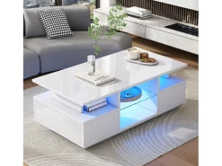 Merax Mesa de centro laqueada de alto brilho - 100 x 50 x 36 cm - com 2 gavetas + LEDs + espaço de armazenamento aberto + divisória de vidro - aglomerado - branca^ Mesa De Centro