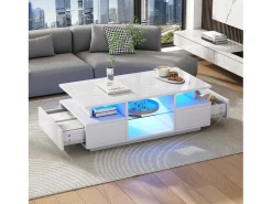 Merax Mesa de centro laqueada de alto brilho - 100 x 50 x 36 cm - com 2 gavetas + LEDs + espaço de armazenamento aberto + divisória de vidro - aglomerado - branca^ Mesa De Centro