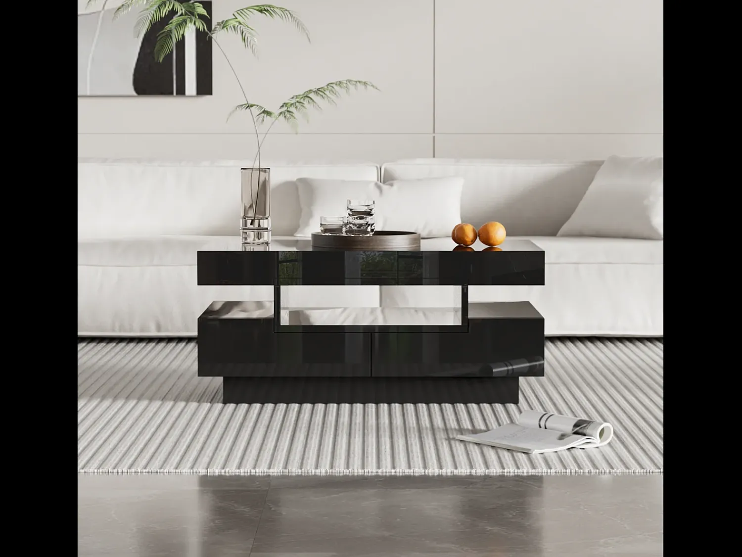 Discount Mesa de centro LED branca moderna, móvel para sala de estar, mesa de centro com espaço de armazenamento e quatro gavetas, preta. Preto