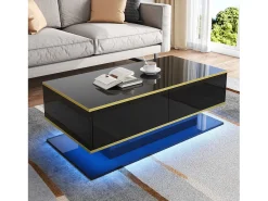 Mesa De Centro*ModernLuxe Mesa de centro LED moderna - Acabamento brilhante - Com 3 gavetas - Com iluminação LED - Preto