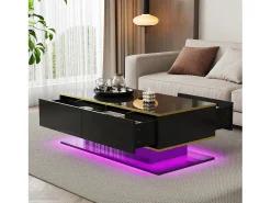 Mesa De Centro*ModernLuxe Mesa de centro LED moderna - Acabamento brilhante - Com 3 gavetas - Com iluminação LED - Preto