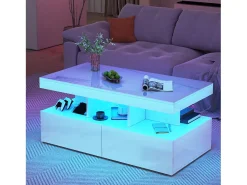 Mesa De Centro* Mesa de centro LED moderna, brilhante, com armazenamento, 2 gavetas, 104x54x46 cm, branca Branco