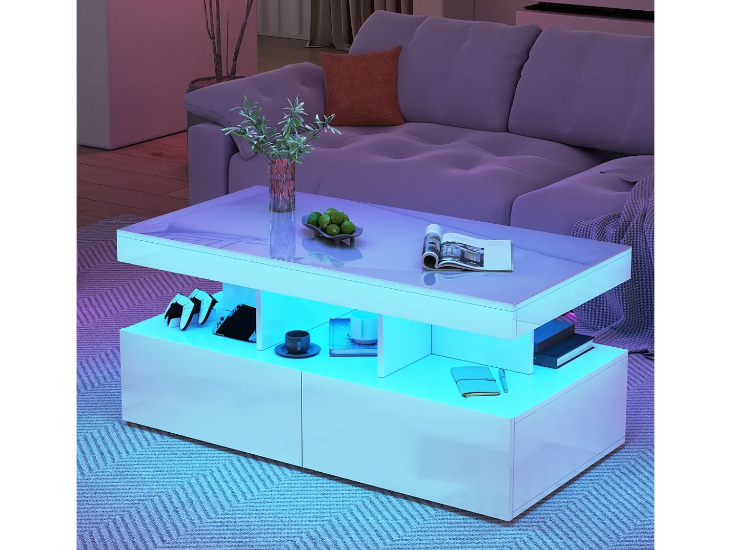 Mesa De Centro* Mesa de centro LED moderna, brilhante, com armazenamento, 2 gavetas, 104x54x46 cm, branca Branco