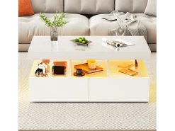 Mesa De Centro* Mesa de centro LED moderna, brilhante, com armazenamento, 2 gavetas, 104x54x46 cm, branca Branco