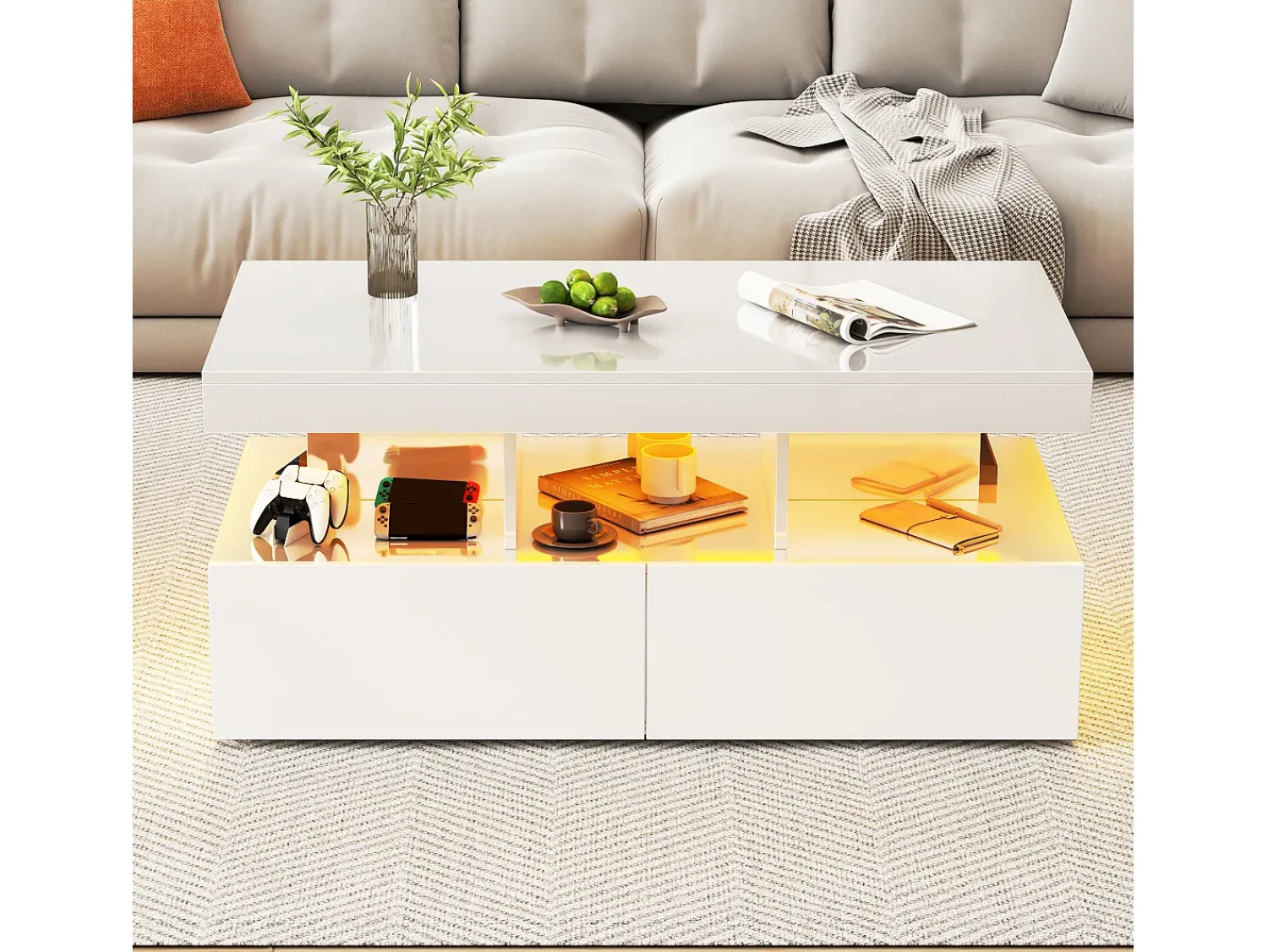 Mesa De Centro* Mesa de centro LED moderna, brilhante, com armazenamento, 2 gavetas, 104x54x46 cm, branca Branco
