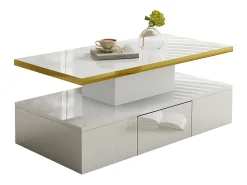 Hot Mesa de centro, mesa com gavetas, acabamento em laca brilhante, mesa lateral com duas prateleiras. Com iluminação LED. Branco