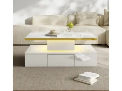 Hot Mesa de centro, mesa com gavetas, acabamento em laca brilhante, mesa lateral com duas prateleiras. Com iluminação LED. Branco