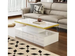 Hot Mesa de centro, mesa com gavetas, acabamento em laca brilhante, mesa lateral com duas prateleiras. Com iluminação LED. Branco