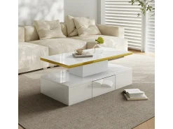 Hot Mesa de centro, mesa com gavetas, acabamento em laca brilhante, mesa lateral com duas prateleiras. Com iluminação LED. Branco