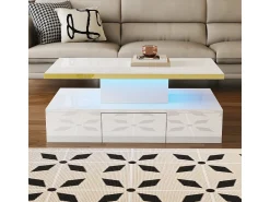 Hot Mesa de centro, mesa com gavetas, acabamento em laca brilhante, mesa lateral com duas prateleiras. Com iluminação LED. Branco