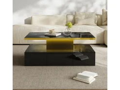 Clearance Mesa de centro, mesa com gavetas, acabamento em laca brilhante, mesa lateral com duas prateleiras. Com iluminação LED. Preto