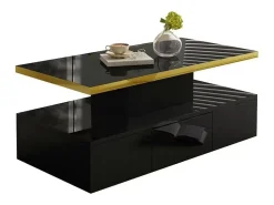 Clearance Mesa de centro, mesa com gavetas, acabamento em laca brilhante, mesa lateral com duas prateleiras. Com iluminação LED. Preto
