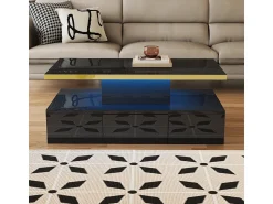 Clearance Mesa de centro, mesa com gavetas, acabamento em laca brilhante, mesa lateral com duas prateleiras. Com iluminação LED. Preto