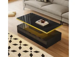 Clearance Mesa de centro, mesa com gavetas, acabamento em laca brilhante, mesa lateral com duas prateleiras. Com iluminação LED. Preto