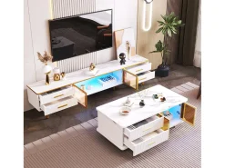 Mesa De Centro*Merax Mesa de centro, mesa lateral com porta em vidro temperado, gavetas com estrutura ondulada, puxadores e pés dourados, tampo com estrutura em mármore. Branco