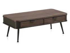 Mesa De Centro| Mesa de centro metálica com tampo e 2 gavetas de madeira Castanho