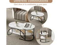Outlet Mesa de centro minimalista - Mármore branco, multifuncional (sala/sofá), fácil montagem, 80x46x45cm, econômica de espaço Preto