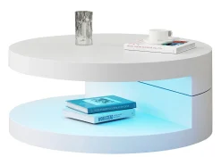 Mesa De Centro|Merax Mesa de centro moderna - 70 x 70 x 35,5 cm - mesa giratória 360° - com LEDs + armazenamento - MDF - Branco