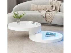Mesa De Centro|Merax Mesa de centro moderna - 70 x 70 x 35,5 cm - mesa giratória 360° - com LEDs + armazenamento - MDF - Branco